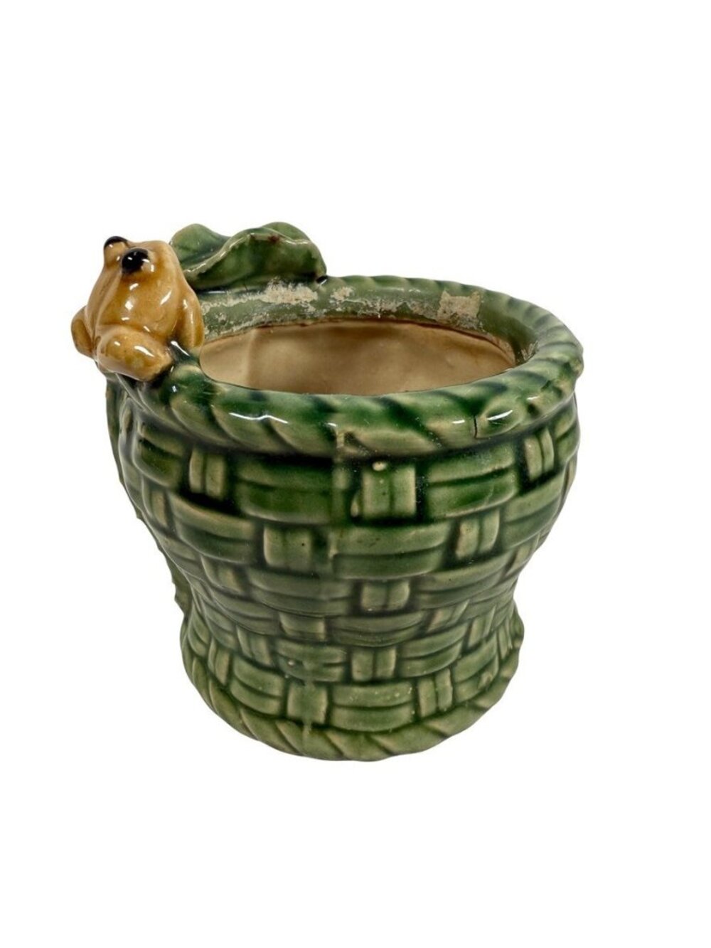 Vintage Pottery Frog On Top Of Basket Planter Vase